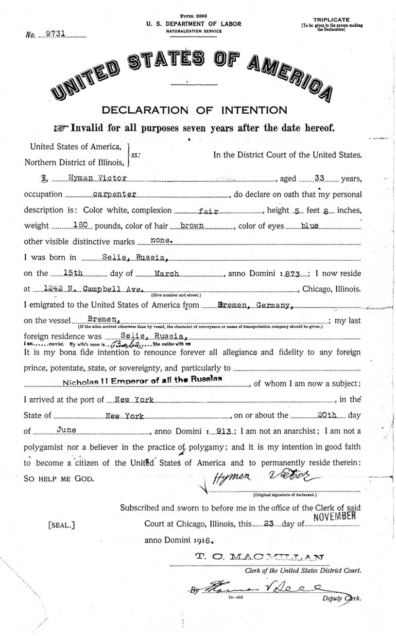 Declaration of Intention, 1916
