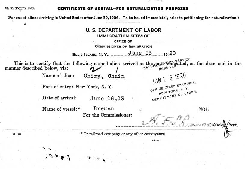 Certificate of Arrival, 1920