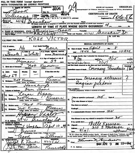 Rose’s Death Certificate, 1944