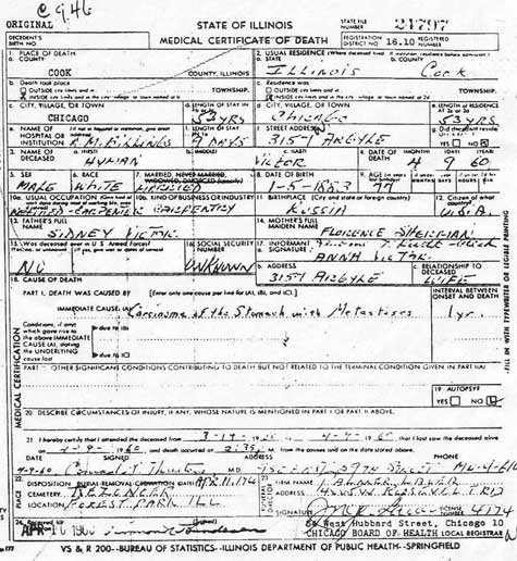 Hyman’s Death Certificate, 1960